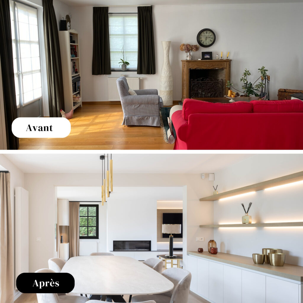 Avant - après rénovation villa à Wave avec foyer au gaz et menuiserie sur mesure